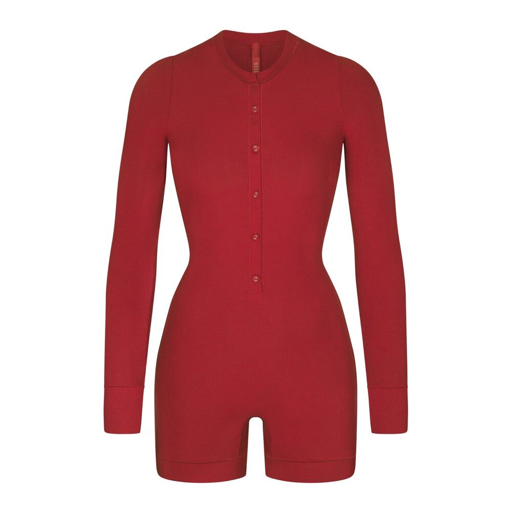SKIMS Soft Lounge Long Sleeve Henley Onesie Red Brick Women XL NWT